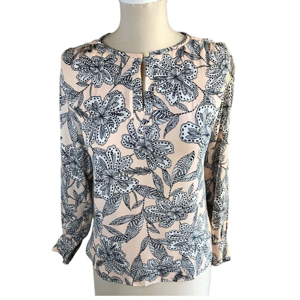 LOFT‎ Petite Floral Print Blouse Long Sleeve Pink Navy Button Neck Keyhole S/P